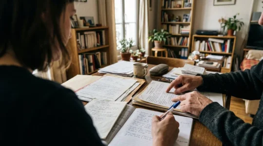 Un couple assis à une table de salon, des documents et un ordinateur portable devant eux, leur expression est concentrée, baignée par la lumière naturelle d'une fenêtre.