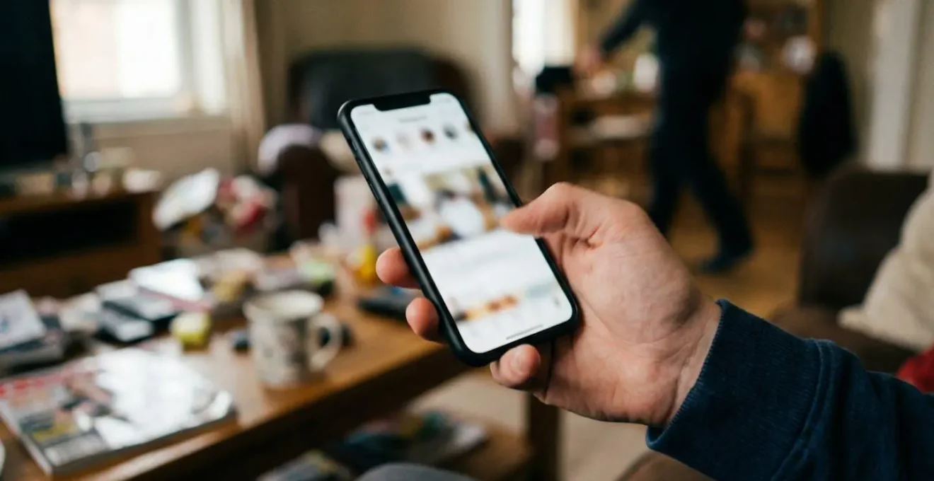 Des mains tiennent un smartphone dont l'écran est flou, à côté d'une tasse de café posée sur une table en bois clair.