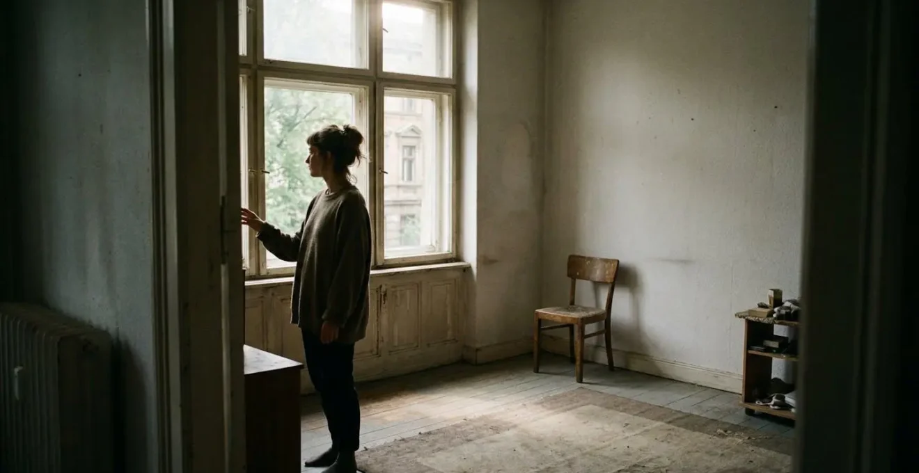 Une personne, vue de profil et de dos, regarde par la fenêtre d'un appartement vide lors d'une visite immobilière. La lumière naturelle entre abondamment par les fenêtres.