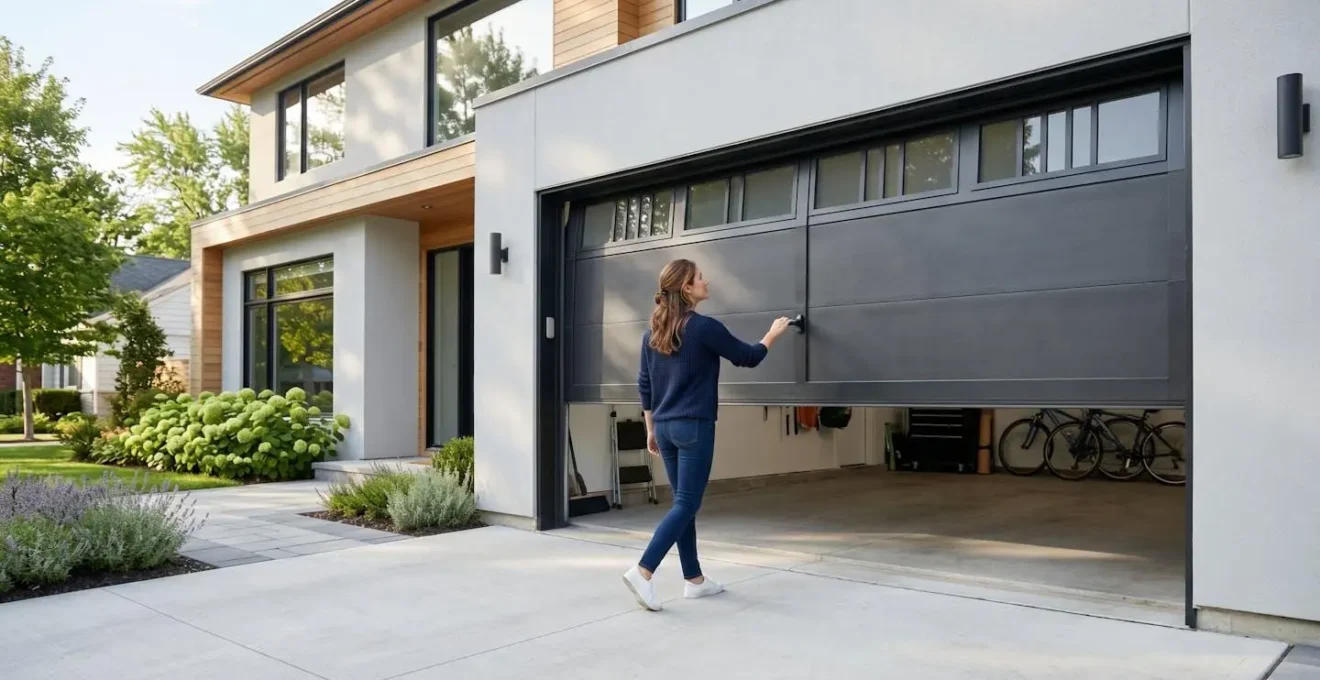 Plan moyen d'une personne vue de dos en train d'ouvrir la porte d'un garage privé dans une résidence contemporaine