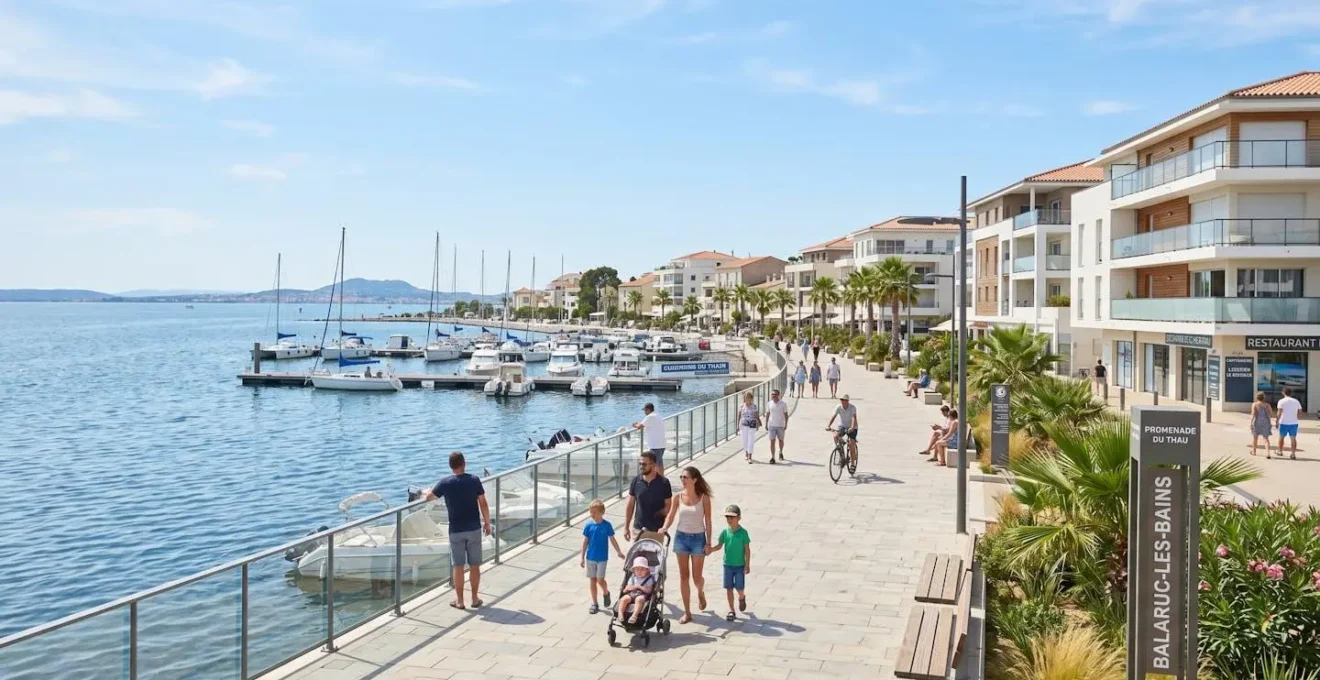 Vue contemporaine de la promenade au bord de l'étang de Thau à Balaruc-les-Bains avec la ville visible en arrière-plan sous un ciel lumineux