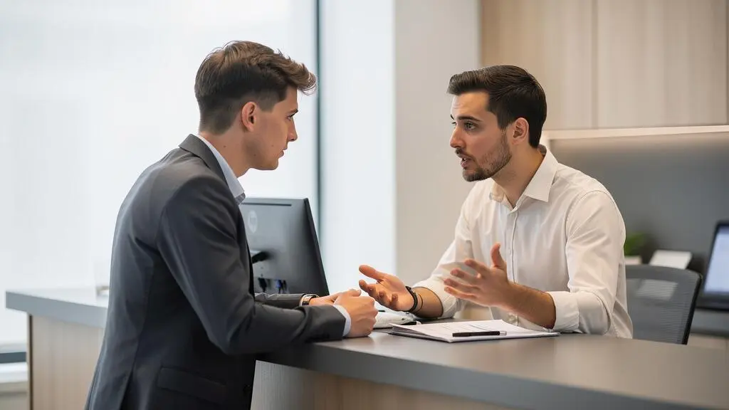 Jeune homme en discussion avec un conseiller en financement immobilier dans une agence