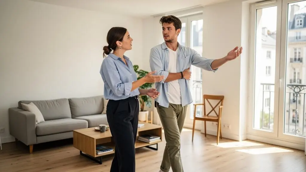 Jeune couple visitant un appartement lumineux avec de grandes fenêtres