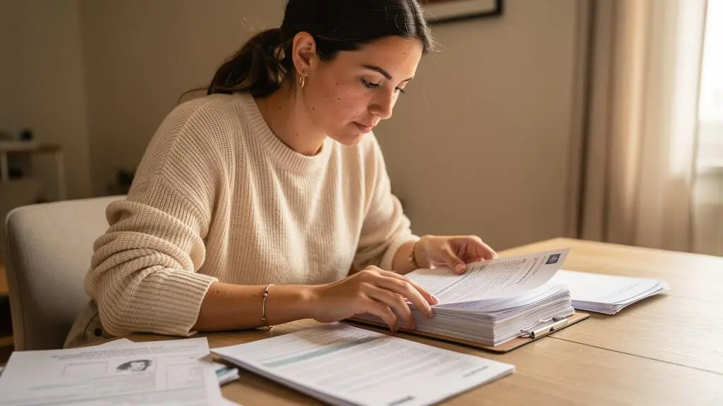 Jeune femme organisant son dossier de demande de prêt immobilier à domicile